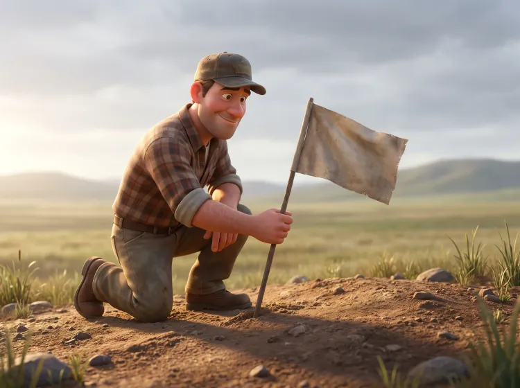 Homme plante drapeau sur butte, lever de soleil