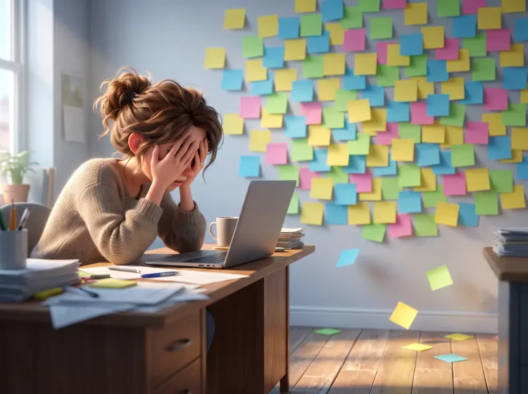 Frustration devant l'écran et mur de post-its