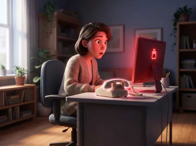 Écran rouge, femme surprise, téléphone sonne
