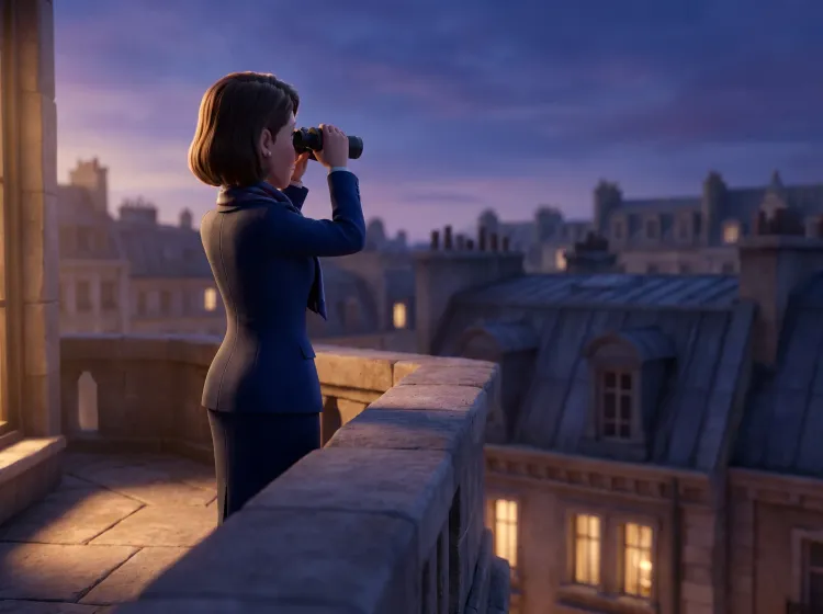 Femme avec jumelles, paysage urbain au crépuscule