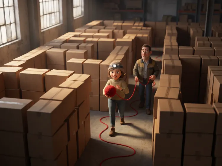 Femme explorant un entrepôt de cartons avec fil rouge