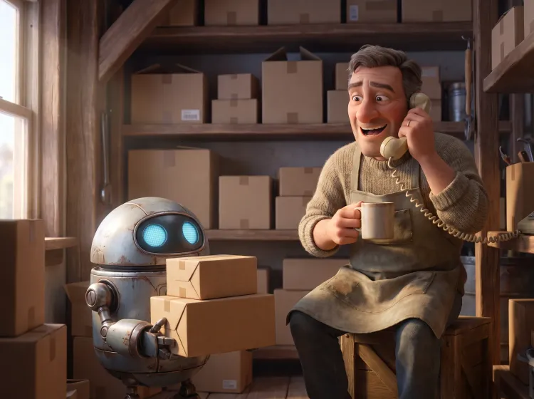 Commerçant serein et robot assistant.
