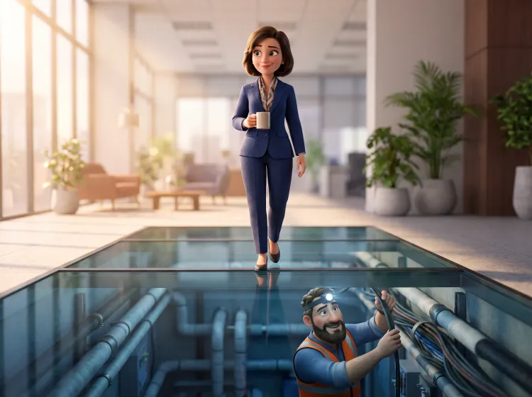 Manager sur plancher de verre, technicien en dessous