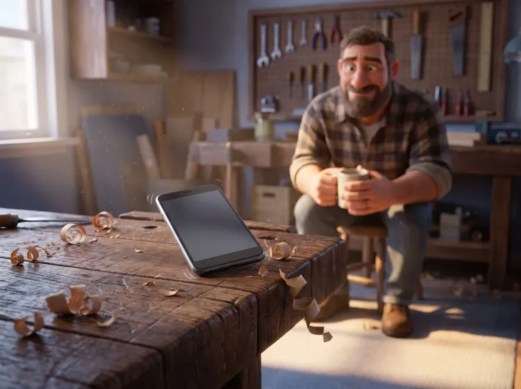 Artisan souriant devant son téléphone vibrant sur l'établi