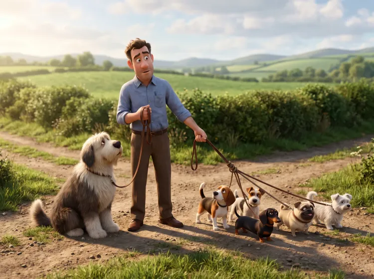 Homme indécis avec chien sage et chiens turbulents