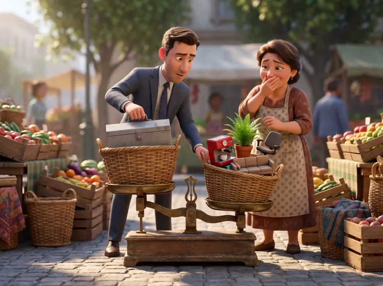 Balance penchée sur un marché animé