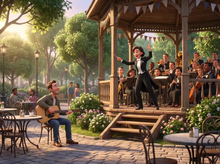 Cheffe d'orchestre dirigeant un concert en plein air
