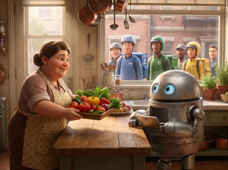 Robot livreur et restauratrice souriante