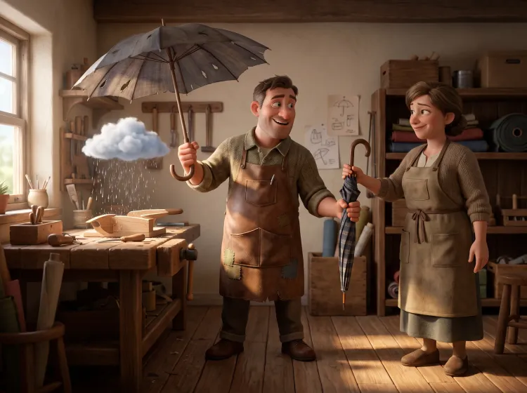 Artisan et parapluie : nuage farceur à l'atelier