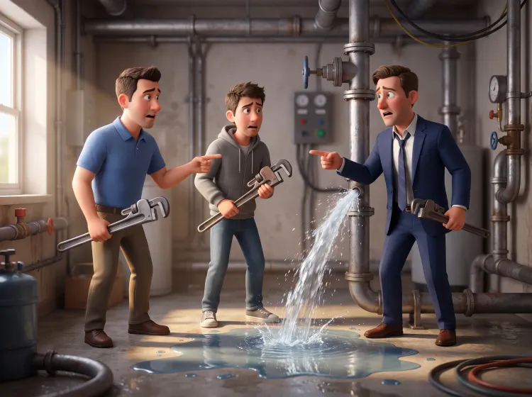 Fuite d'eau, trois collègues se blâment, clés à molette.
