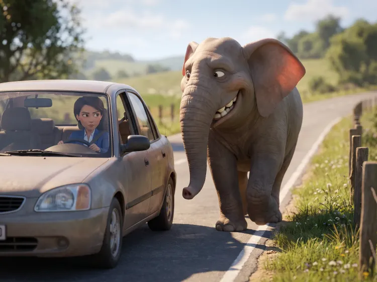 Angle mort : femme conduit, éléphant caché