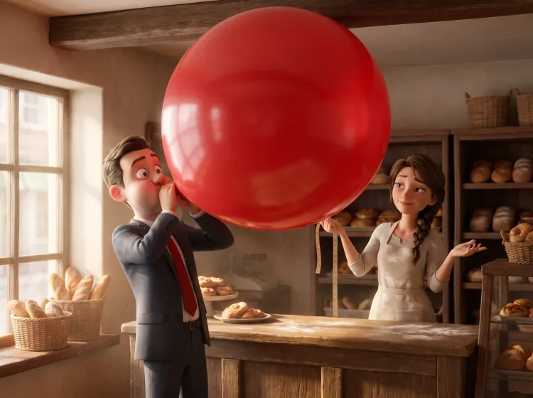 Vendeur gonflant un ballon énorme, boulangère blasée.