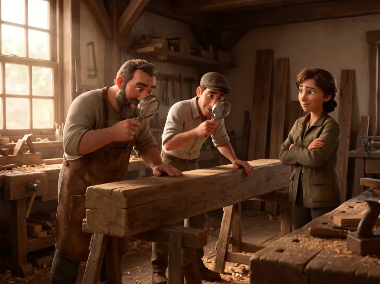 Artisans et cheffe évaluent poutre en atelier