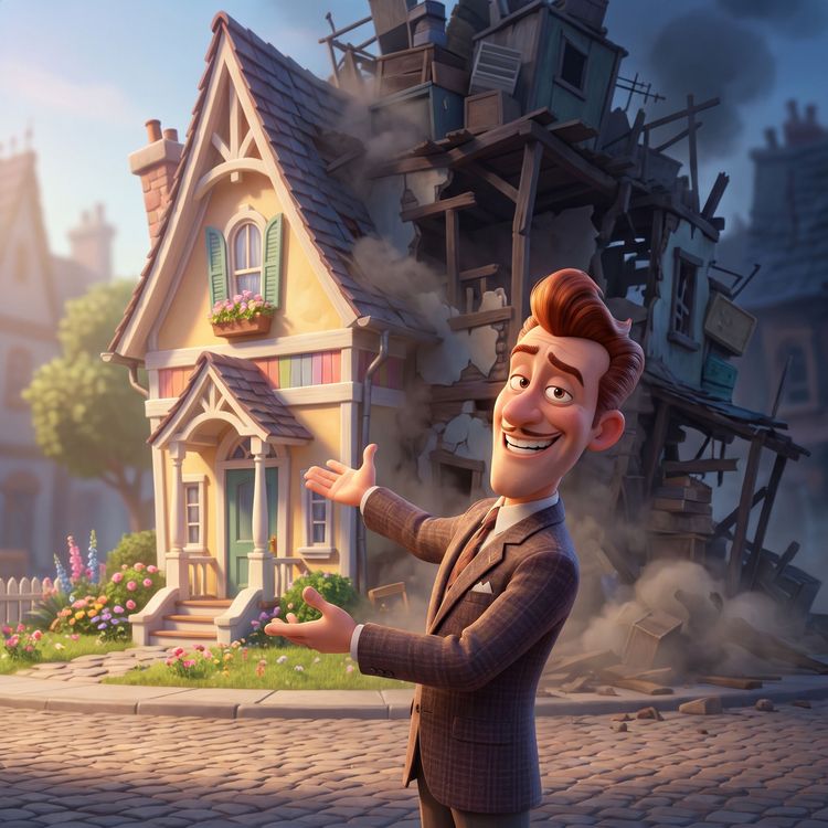 Vendeur mal honnête qui présente une maison en ruine avec une belle facade
