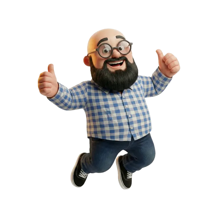 représentation dans un style 3D de Sébastien qui saute de joie