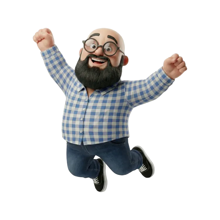 représentation dans un style 3D de Sébastien qui saute de joie