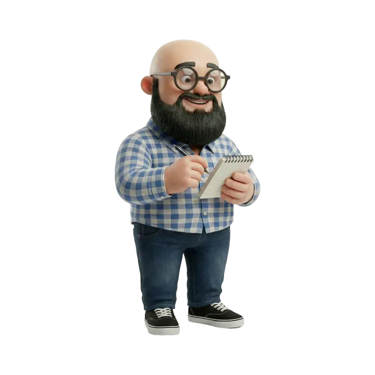 représentation dans un style 3D de Sébastien qui prend des notes