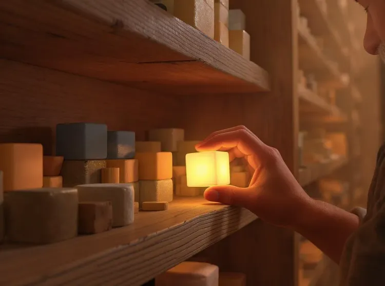 Artisan plaçant cube lumineux sur immense étagère