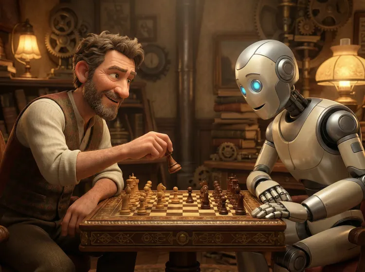 Homme et robot en pleine partie d'échecs
