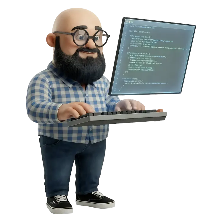 Sébastien version 3d qui code avec un pc futuriste