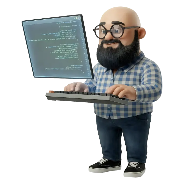 Sébastien version 3d qui code avec un pc futuriste