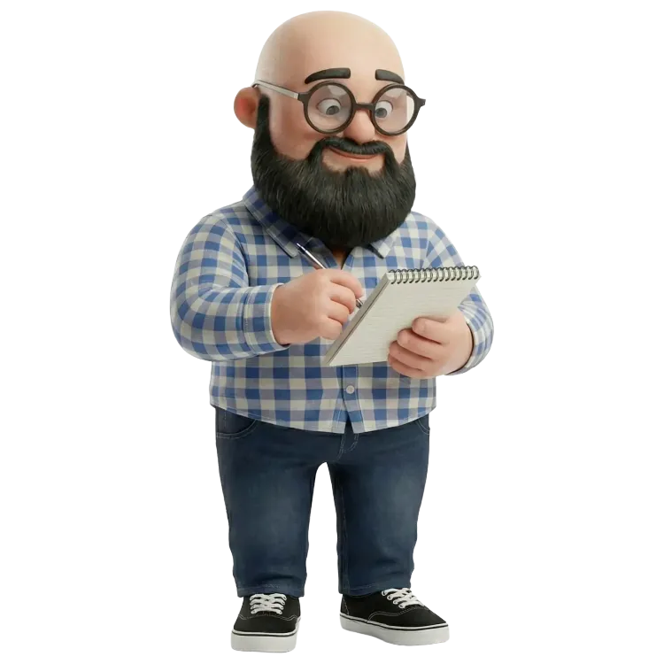 Sébastien version 3d qui prend des notes dans un carnet