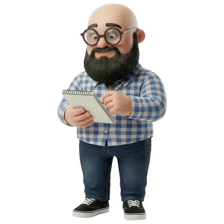 Sébastien version 3d qui prend des notes dans un carnet