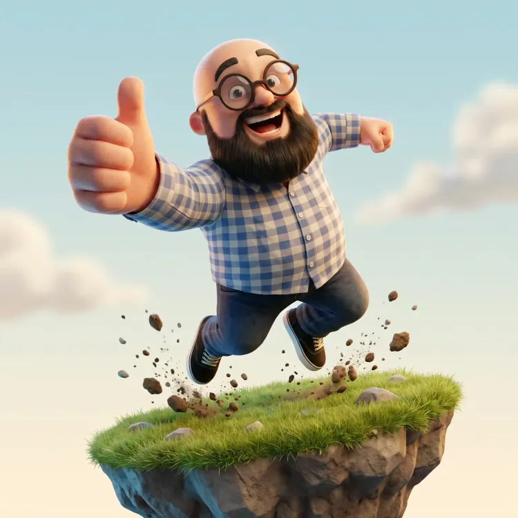 Sébastien version 3D sur une plateforme qui saute avec un pouce en l'air