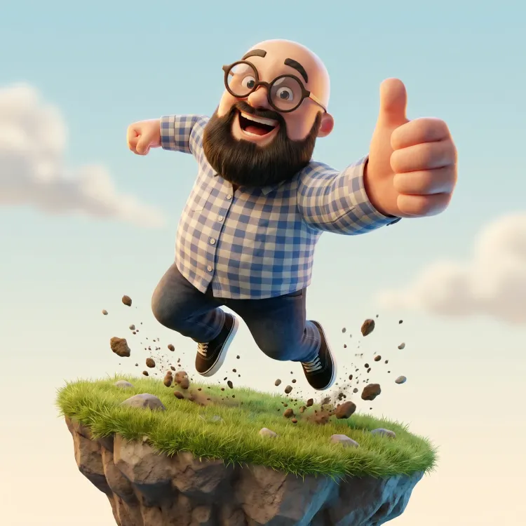 Sébastien version 3D sur une plateforme qui saute avec un pouce en l'air