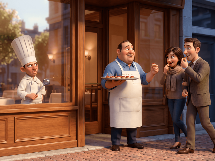 Dégustation gratuite devant un restaurant vide