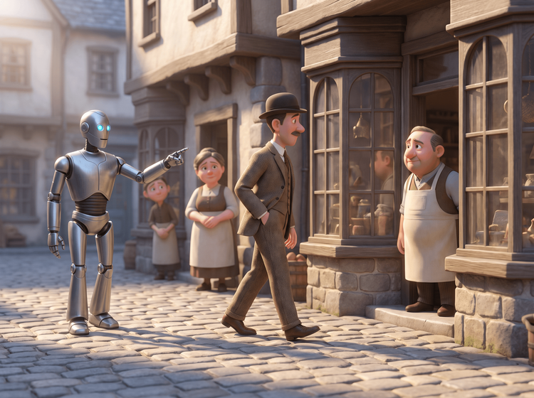 Homme et robot sur une place de village