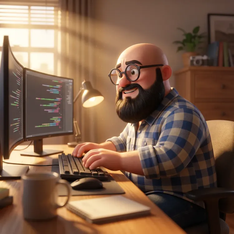 Sébastien version 3D a son bureau qui code