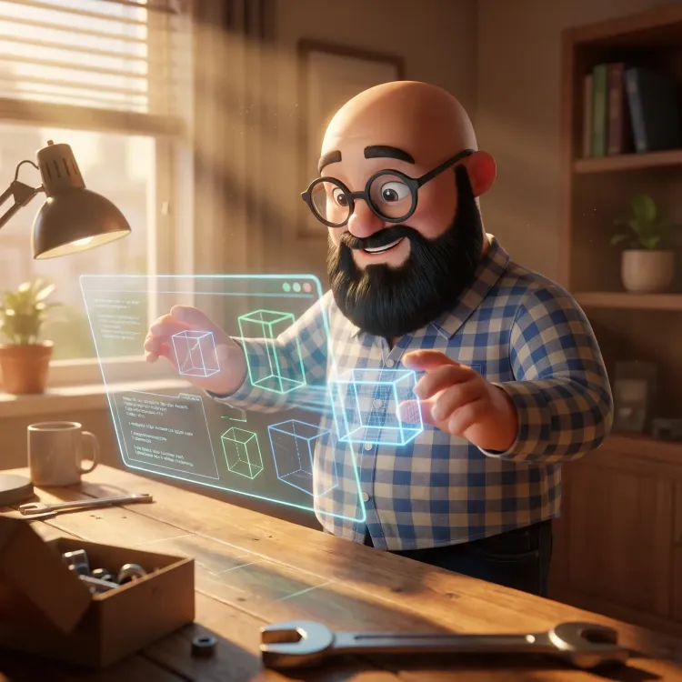 Sébastien version 3D a son bureau qui génère un logiciel métier