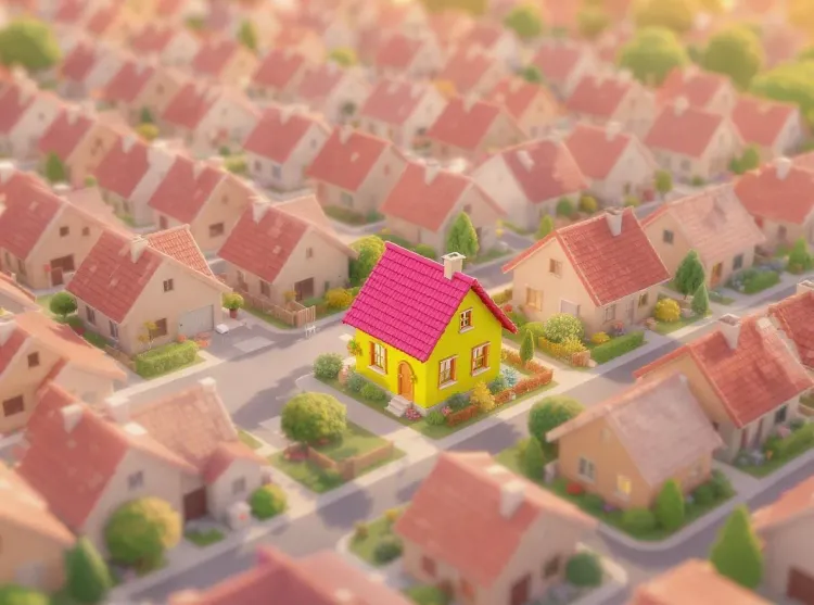 Maisons préfabriquées uniformes, une unique colorée