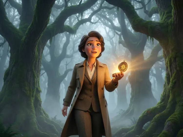 Femme d'affaires boussole forêt brumeuse