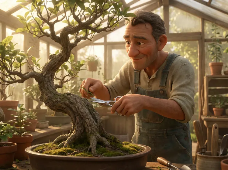 Maître bonsaï taille un arbre centenaire.