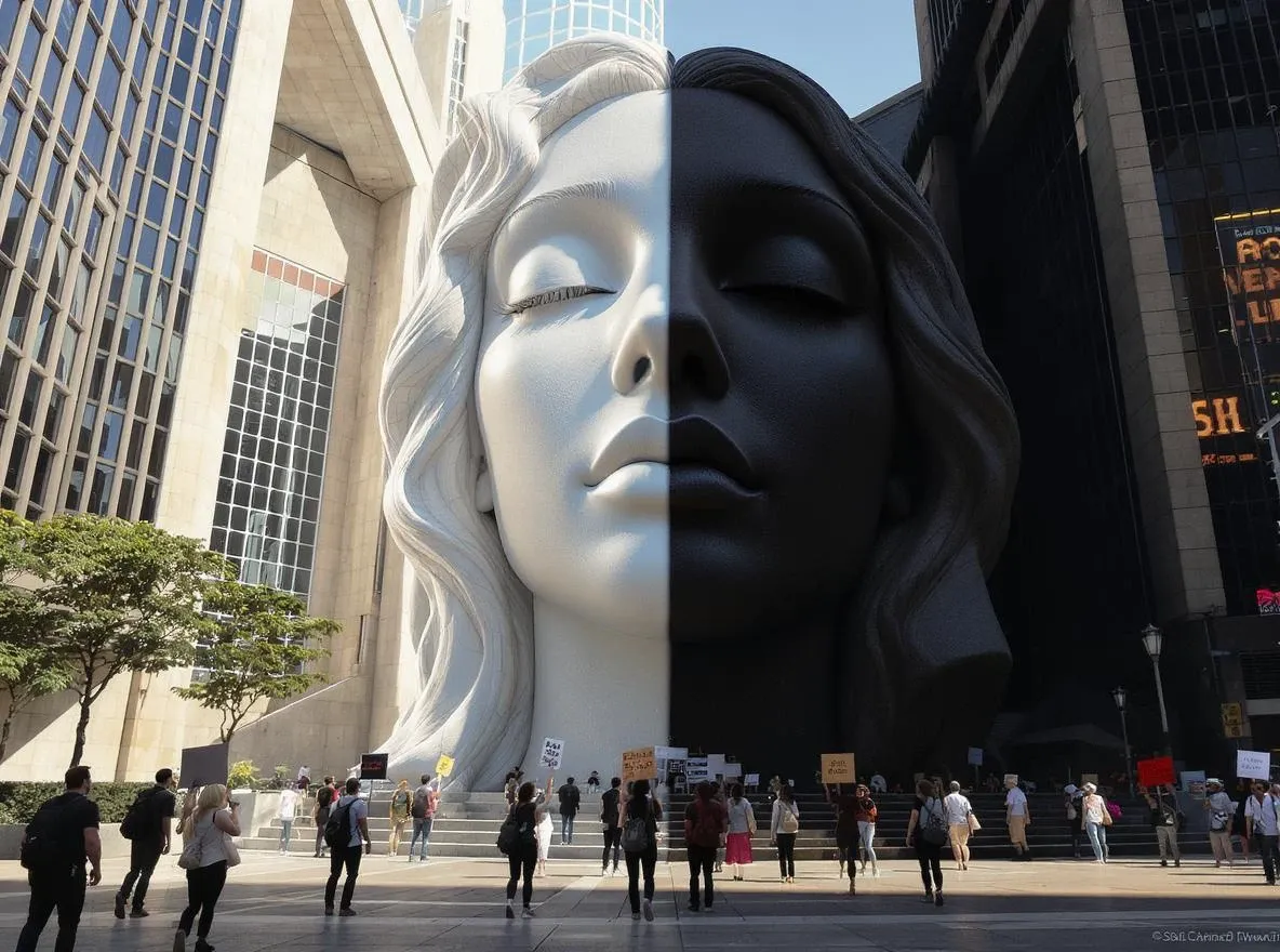 Statue géante, foule entre hommage et défi