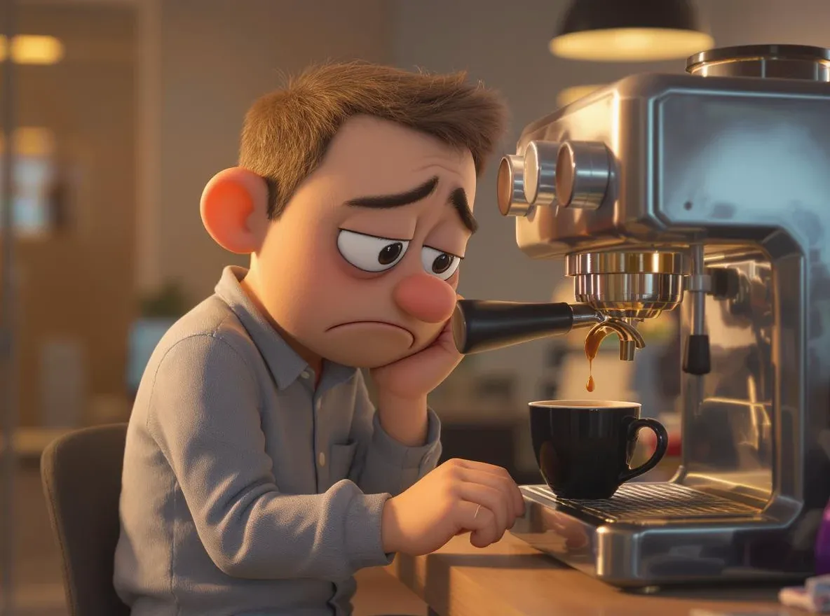 développeur triste devant machine à café