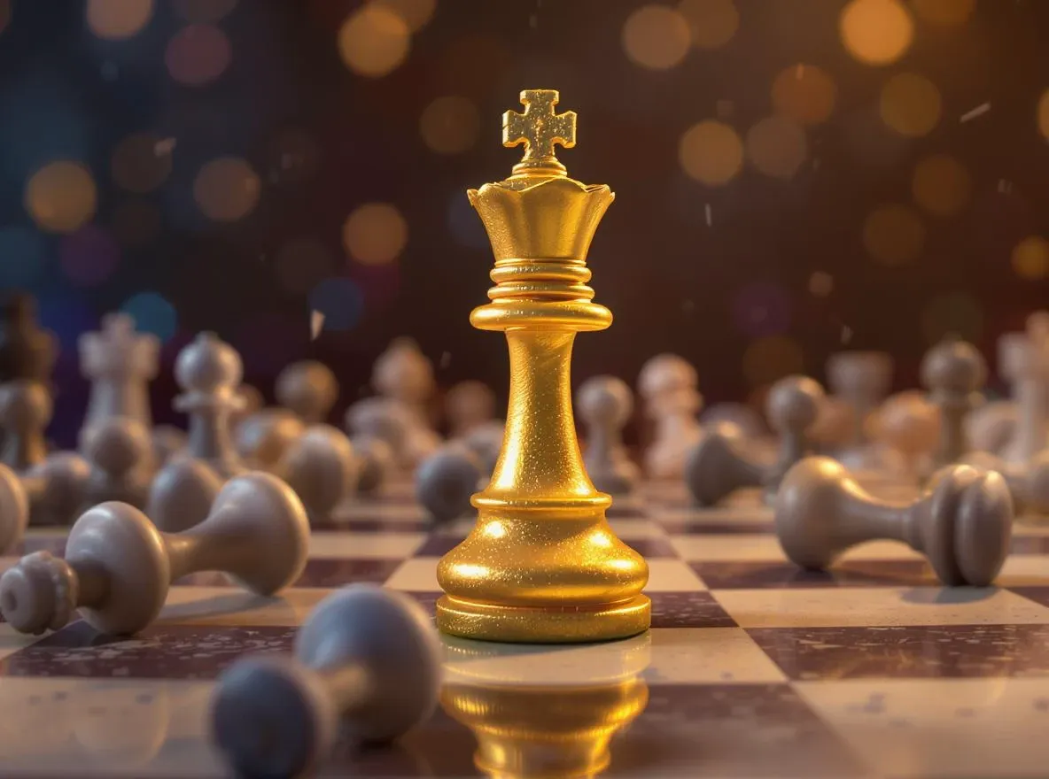 Roi doré sur échiquier avec pions chaotiques