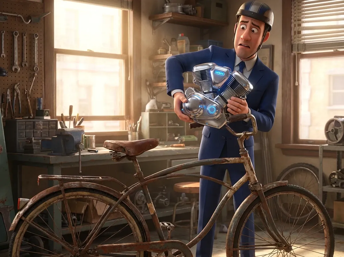 Contraste tech/vieux vélo: homme perplexe garage