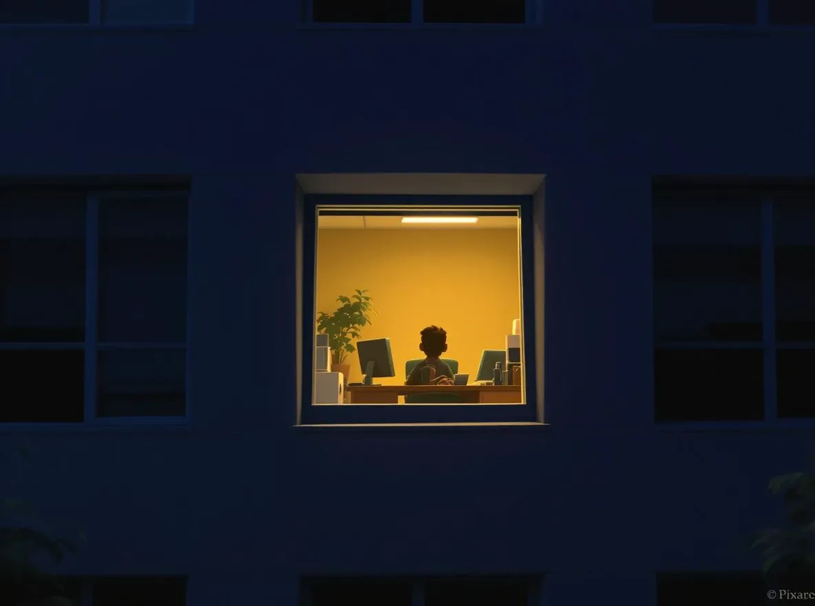 Travail de nuit, seule fenêtre allumée