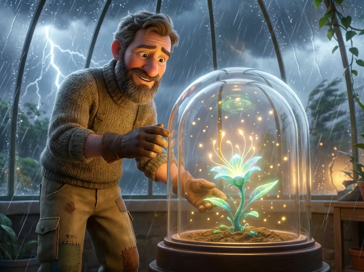 Jardinier protégeant plante lumineuse dans tempête