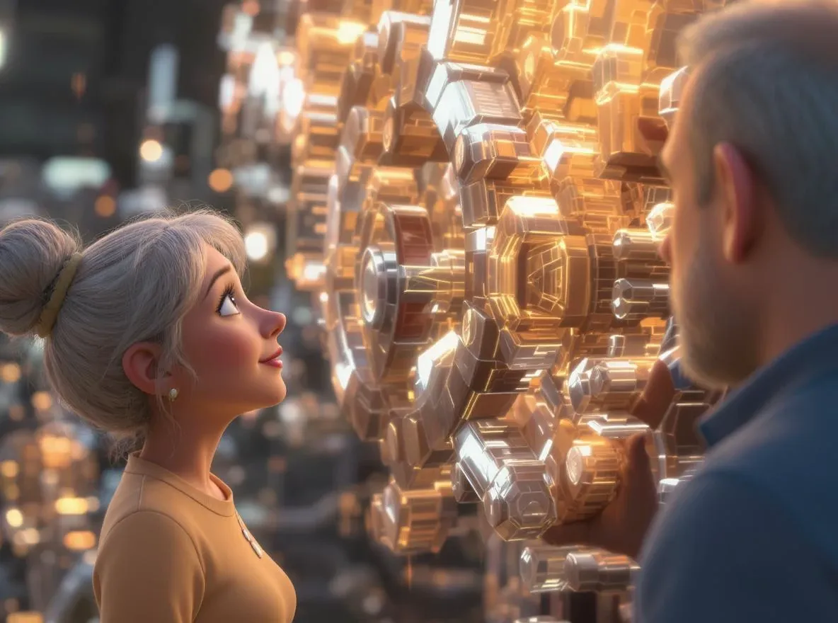 Horlogerie de lumière dorée, engrenages complexes