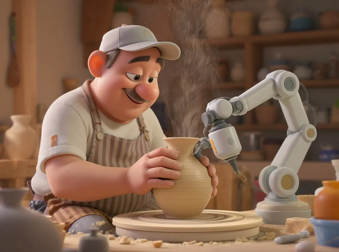 Potier et robot façonnent un vase d'argile.