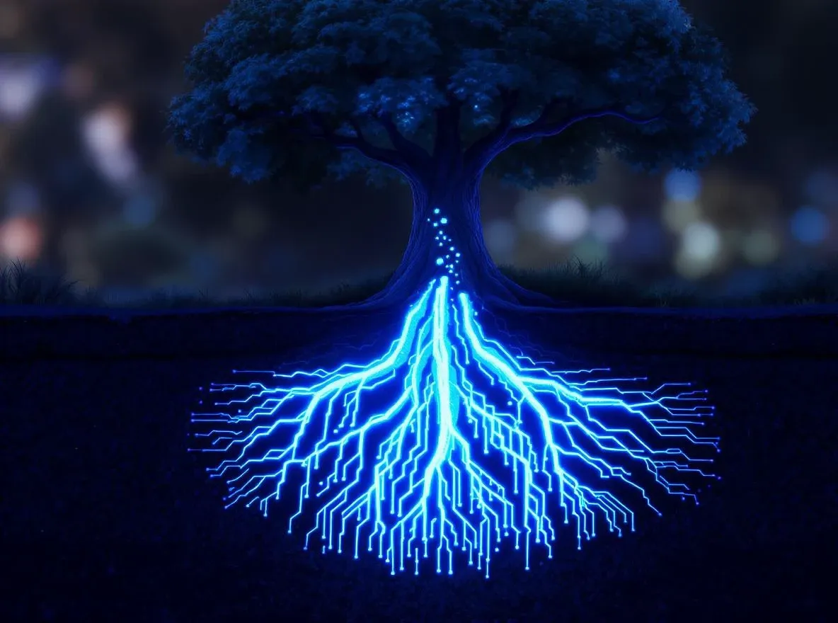 Racines numériques sous un arbre sombre
