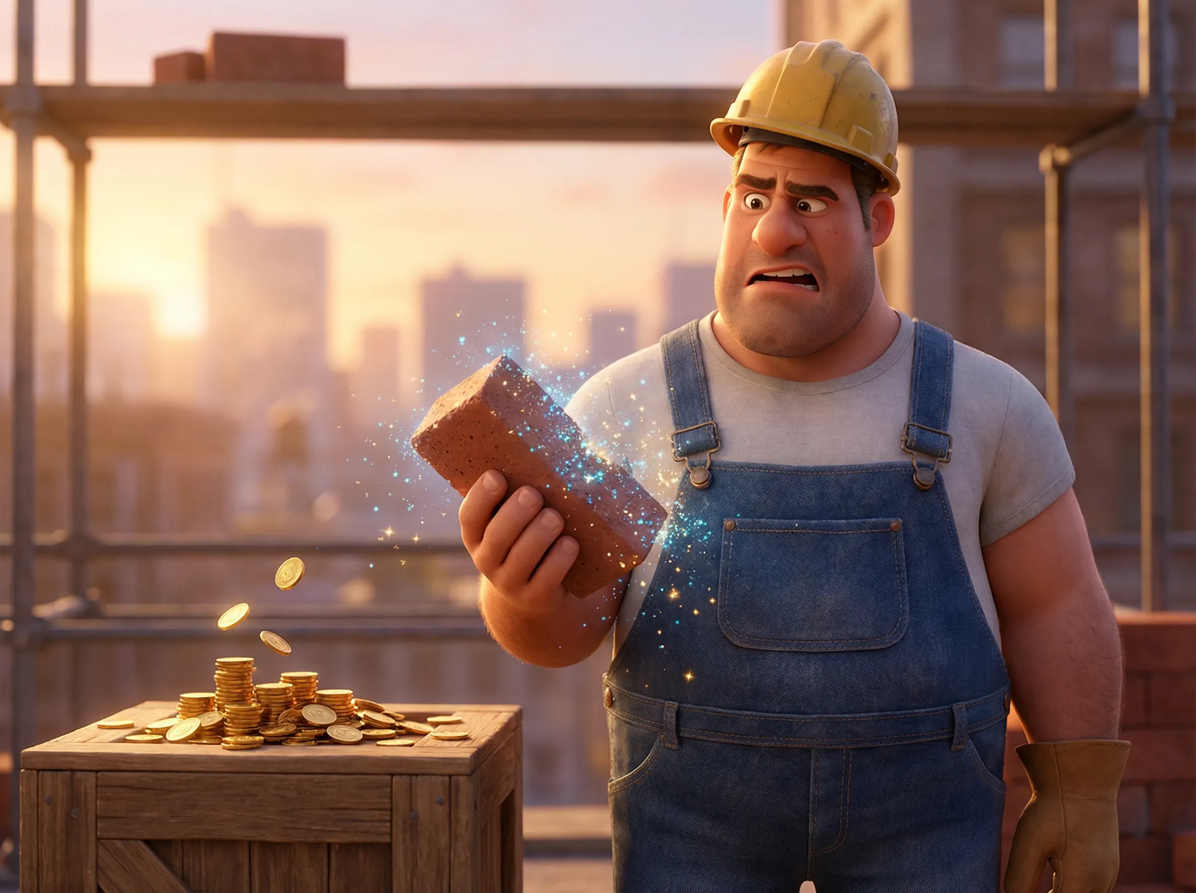 Homme frustré bâtissant avec des briques éphémères