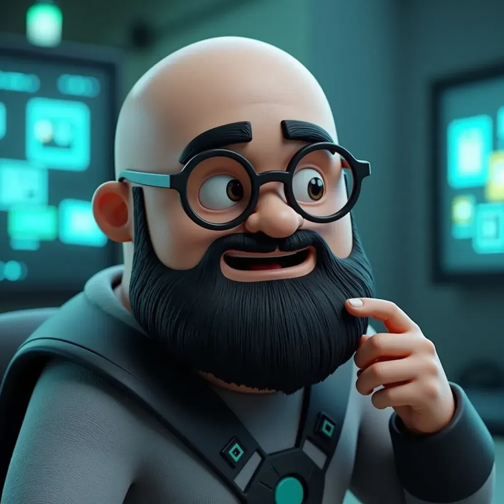 représentation dans un style 3D de Sébastien qui se gratte la barbe pensivement