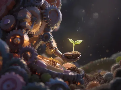 bras de robot avec une plante dans la main