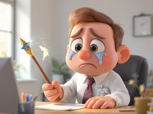 directeur triste avec baguette magique cassée