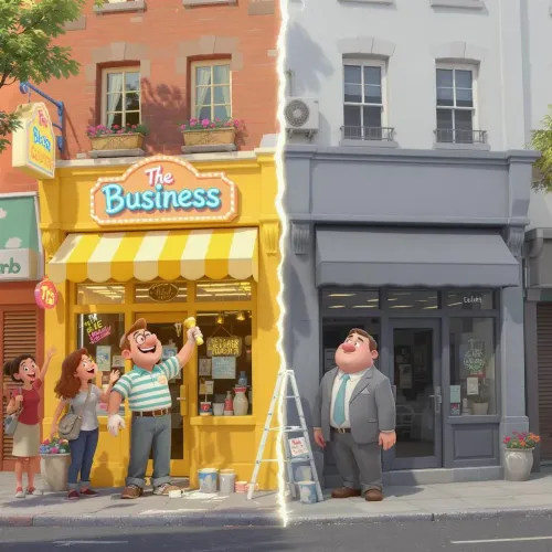 deux commerces, un gris et sans clients et l'autres coloré avec plein de clients